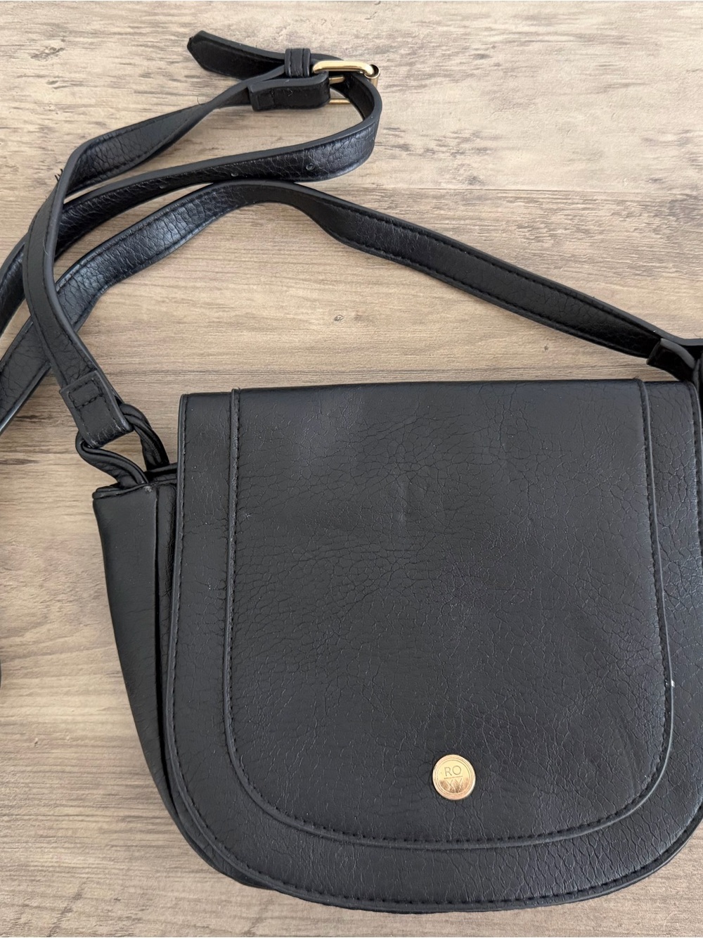 Roxy Black Crossbody Bag Saddle Purse Gold Logo Adjustable Strap